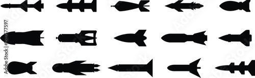 Guided missile weapon or ballistic rocket weapons with booster flat vector icon set for apps and websites