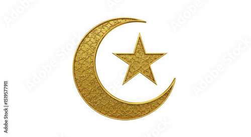 Golden crescent moon and star symbol with intricate pattern on transparent background