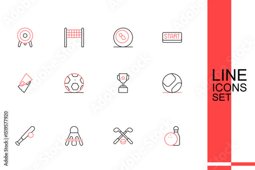 Set line Bowling pin and ball, Ice hockey sticks puck, Badminton shuttlecock, Baseball bat with, Award cup, Soccer football and Flippers for swimming icon. Vector