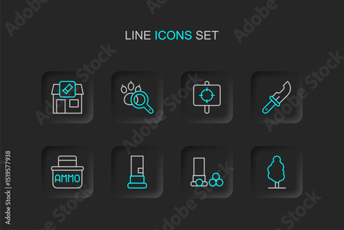 Set line Tree, Cartridges, Ammunition box, Hunter knife, Target sport, Paw search and Hunting shop icon. Vector