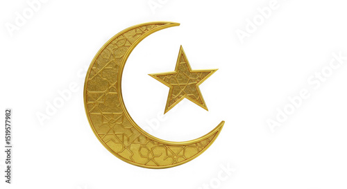 Golden crescent moon and star symbol with intricate design on transparent background