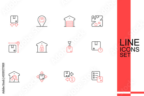Set line Verification of delivery list, Tax cardboard box, Carton, Warehouse check, Crane with, Closed warehouse and Cardboard measurement icon. Vector