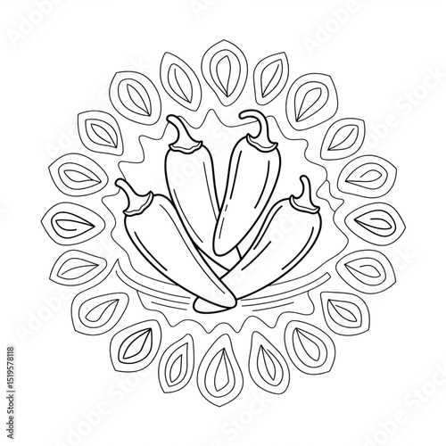 A black and white chilli peppers illustration line art of a coloring page