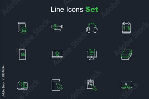Set line Online class, quiz, test, survey, book, Question and Answer, Book, education with diploma and Graduation cap mobile icon. Vector