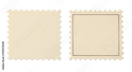 Two blank postage stamps with perforated edges against a transparent background