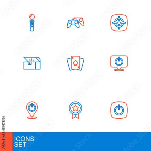 Set line Power button, Game rating with medal, Chest for game, Playing cards, Target sport and controller joystick icon. Vector
