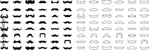 Mustache set with different style in flat and line. Black silhouette of adult man mustaches. Symbol of Father day. Vector illustration. Moustache for men face