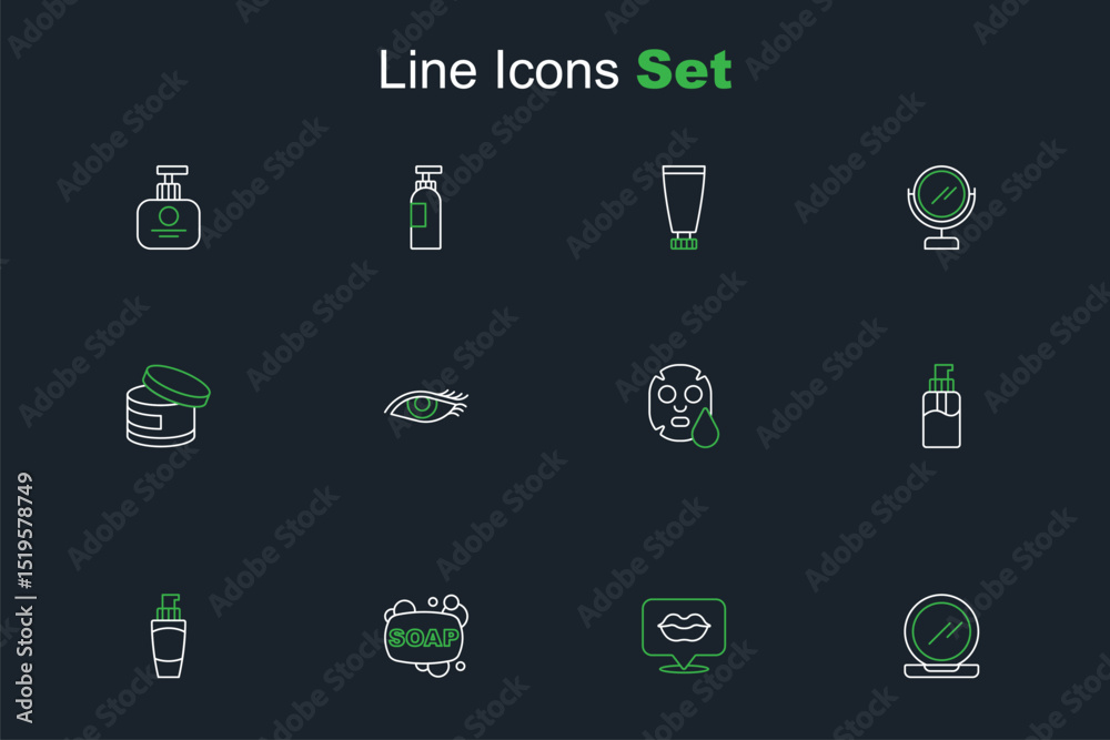 Naklejka premium Set line Makeup powder with mirror, Smiling lips, Bar of soap, Tube hand cream, Bottle liquid, Facial cosmetic mask, Woman eye and Cream lotion tube icon. Vector