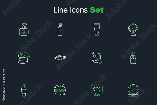 Set line Makeup powder with mirror, Smiling lips, Bar of soap, Tube hand cream, Bottle liquid, Facial cosmetic mask, Woman eye and Cream lotion tube icon. Vector
