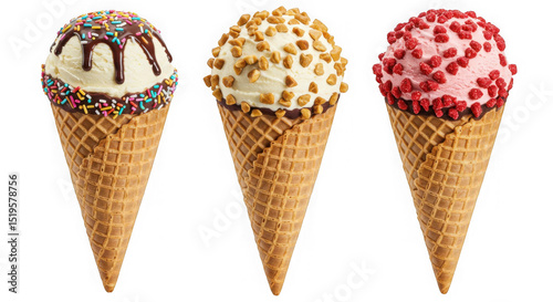 Three ice cream cones with different toppings on a transparent background studio shot