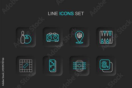 Set line Bingo, Table football, Domino, Board game, Backgammon board, Game dice, Time chess clock and Bowling pin and icon. Vector