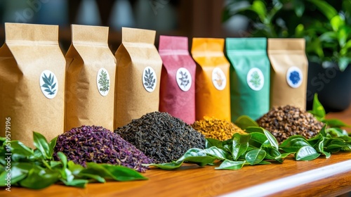 Fototapeta Naklejka Na Ścianę i Meble -  Colorful spice packets lined up with various herbs and spices displayed on a wooden surface, surrounded by fresh green leaves.