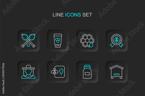 Set line Hive for bees, Jar of honey, Bee location, Beekeeper with protect hat, Best, Honeycomb, Cosmetic tube and dipper stick icon. Vector