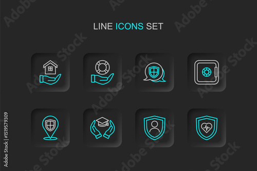 Set line Life insurance with shield, Education grant, Location, Safe, Shield, Lifebuoy hand and House icon. Vector