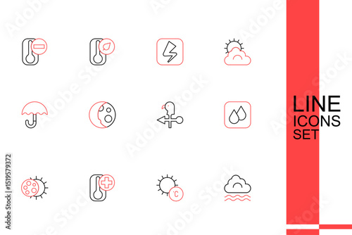 Set line Fog and cloud, Sun, Thermometer, Eclipse of the sun, Water drop, Rooster weather vane, Moon phases and Umbrella icon. Vector