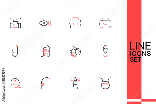 Set line Fishing net, Lighthouse, rod, hook, lure, Spinning reel for fishing, Inflatable boat with motor and Fisherman icon. Vector