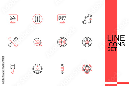 Set line Alloy wheel for car, Shock absorber, Speedometer, Engine piston, Stopwatch, Racing helmet and Wrench spanner icon. Vector