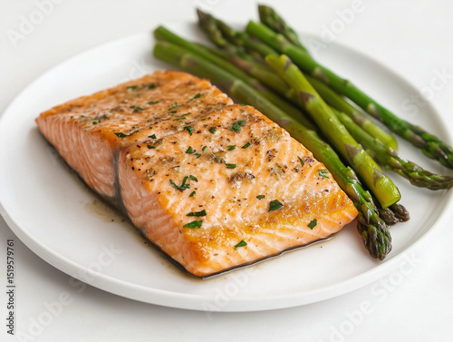 Delicious pan seared salmon fillet with roasted asparagus and herbs