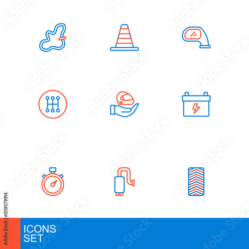Set line Car tire wheel, muffler, Alloy for car, battery, Gear shifter, Racing helmet, mirror and Traffic cone icon. Vector