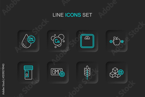 Set line No sugar free, Wheat, GMO, Vitamins, Calorie calculator, Bathroom scales, Calcium and Water balance icon. Vector