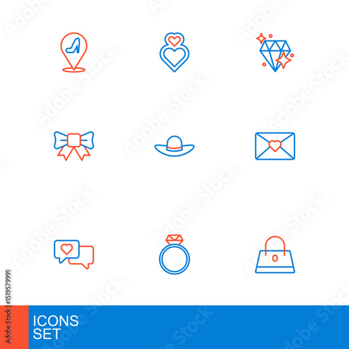 Set line Handbag, Diamond engagement ring, Heart speech bubble, Envelope with 8 March, Gift bow, Elegant women hat, and icon. Vector