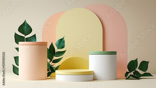 Pastel cylinders and greenery product display background
