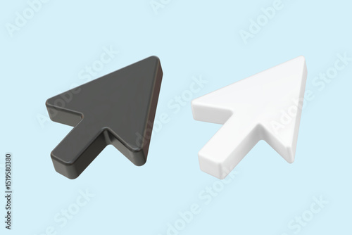 A high-quality 3D rendering of black and white arrow cursor icons placed side by side on a soft light blue background. Perfect for UI/UX design, technology concepts, or digital illustration themes.