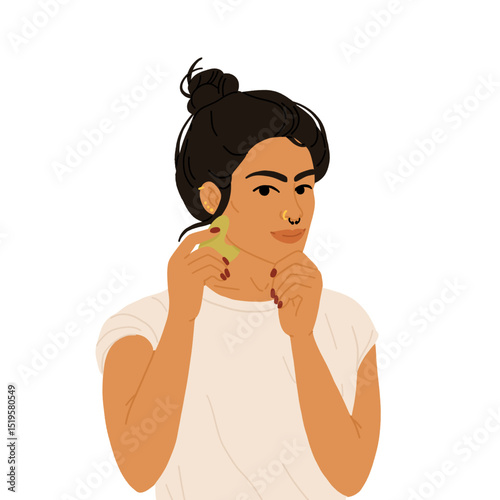 South Asian non binary person using gua sha tool, inclusive vector skincare self care routine illustration for beauty, diversity, and wellness