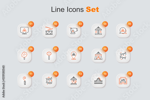 Set line Casino win, Roller coaster, Attraction carousel, Carnival garland with flags, Birthday party horn, Circus tent and icon. Vector