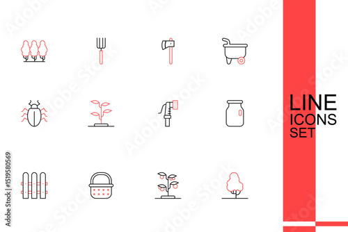 Set line Fruit tree, Sprout, Wicker basket, Garden fence wooden, Glass jar with screw-cap, hose, and Colorado beetle icon. Vector