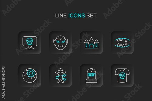 Set line Shirt with skull, Tombstone RIP written, Voodoo doll, Eye, Vampire teeth, Castle, and Skull icon. Vector