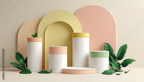 Pastel cylindrical display with tropical leaves