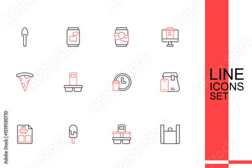 Set line Online ordering food, Coffee cup to go, Ice cream, Restaurant cafe menu, Round the clock delivery, and Slice pizza icon. Vector