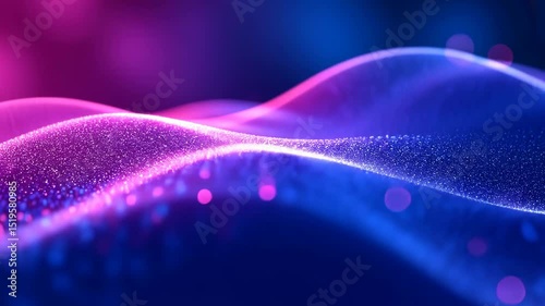 Neon purple, blue glitter waves in abstract glowing motion creating futuristic party background with dynamic sparkles, bokeh lights, concept of nightlife, умуте visuals, entertainment media