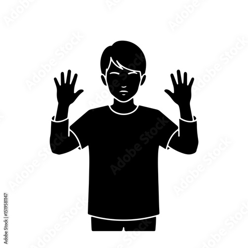 boy hands up surrendering gesture