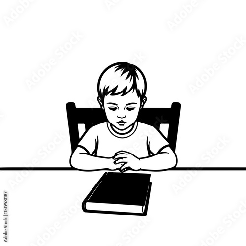 Boy Praying at Table with Book