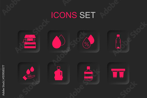 Set Big bottle with clean water, Water drop, Well, Bottle of, filter cartridge, percentage and Washing hands soap icon. Vector