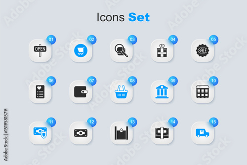 Set Stacks paper money cash, Wallet, Shopping cart, Money with shield, Delivery cargo truck, Online shopping screen, Hanging sign text Open and basket icon. Vector
