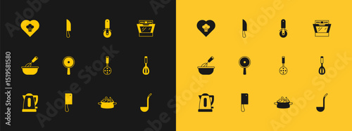 Set Oven, Meat chopper, Spatula, Cooking pot, Frying pan, Pizza knife, Chef hat and Knife icon. Vector