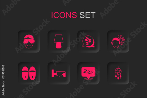 Set Bed, Table lamp, Eye sleep mask, Sleepy, Dreams, catcher with feathers, and Slippers icon. Vector