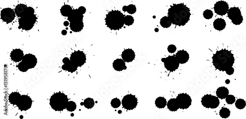 set of black ink blots liquid drip