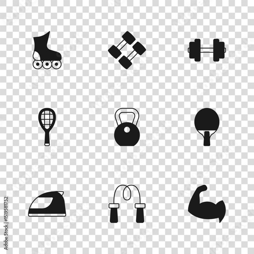 Set Jump rope, Racket, Bodybuilder showing his muscles, Weight, Dumbbell, Roller skate, and Tennis racket icon. Vector