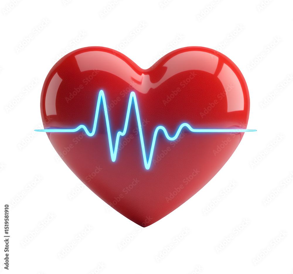 Red Heart with Pulse Line, Isolated Transparent Background Red Heart with Pulse Line, Isolated Transparent Background