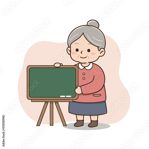 Elderly woman holding chalkboard with a friendly smile  