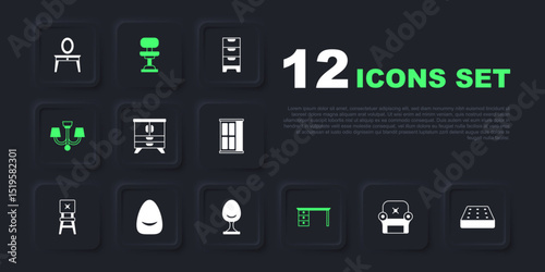 Set Armchair, Mattress, Chest of drawers, Office desk, Chandelier, Pouf, and icon. Vector