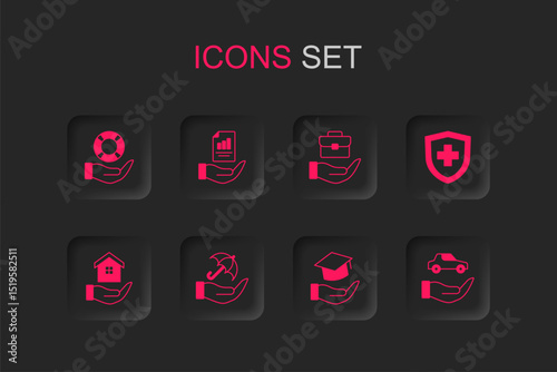 Set Umbrella in hand, Contract, Lifebuoy, Education grant, insurance with shield, Car, Hand holding briefcase and House icon. Vector