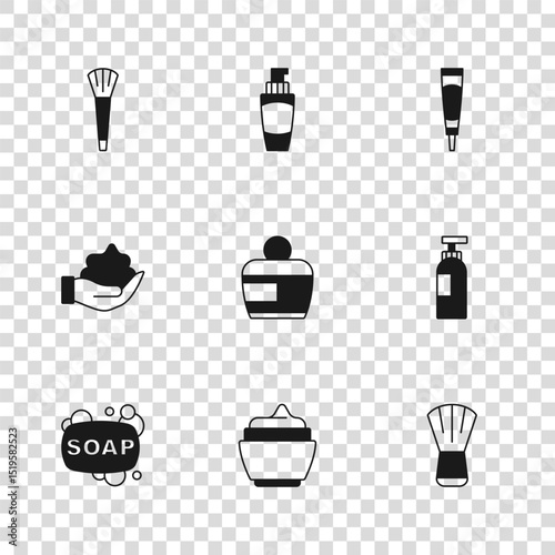 Set Cream or lotion cosmetic tube, Bottle of shampoo, Makeup brush, Tube hand cream and Shaving foam icon. Vector
