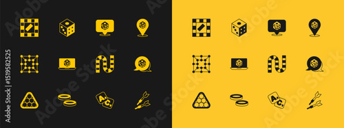Set Game dice, Checker game chips, Board, Bingo, and icon. Vector