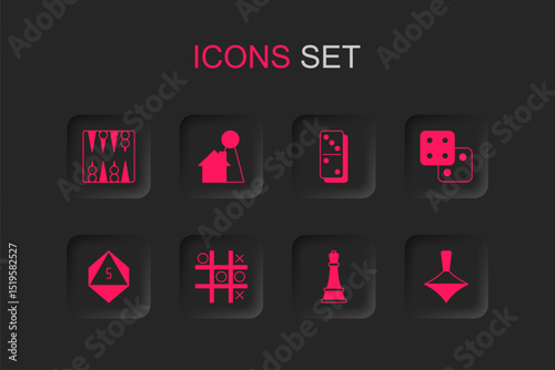 Set Tic tac toe game, Chip for board, Backgammon, Chess, Game dice, Whirligig toy, Domino and icon. Vector