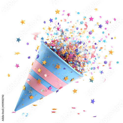Party Popper Exploding With Confetti And Stars In 3d Clipart, high resolution digital graphic illustration for web and print use with clean background perfect for ads social media banners